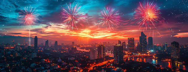 Wall Mural - wide horizontal event banner with celebrating, beautiful fireworks on the evening sky of a city