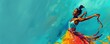 © ZQ Art Gallery  - A vibrant water painting of a model dancing with colorful scarves, her energetic movements highlighted against a solid teal background.