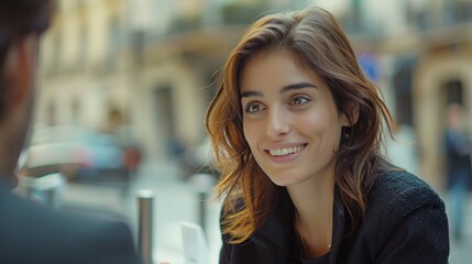 Smiling woman with brown hair enjoying a conversation outdoors in a city setting, creating a warm and friendly atmosphere.