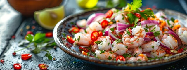  A tight shot of a plate displaying shrimp and vegetables on a table, adjacent to limes