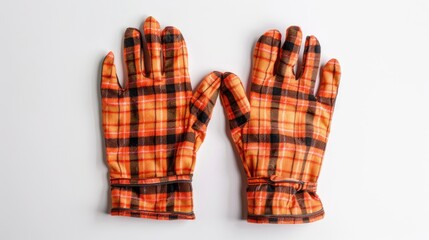 Thick plaid orange kitchen gloves for heat protection on white background