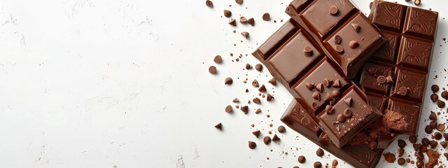 Wall Mural -  A couple of chocolate pieces atop a white table, nearby sits a mound of chocolate pieces