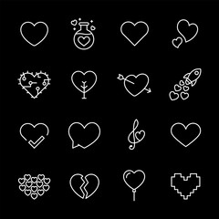 Wall Mural - hearts, white line icons. various heart shapes. love and health themes. symbols on black background.