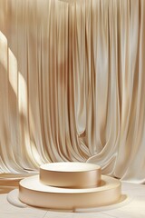 Wall Mural - Minimal abstract beige background with podium and wavy satin curtain. Round pedestal for presentation. 3D rendering