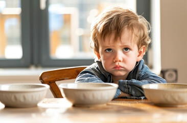 Canvas Print - A toddler sits at the table with empty bowls in front of him, looking sad and worried about not getting food for lunch