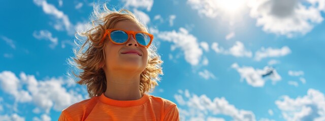 Wall Mural -  A young girl in sunglasses gazes at the sky, where a plane flies against its background