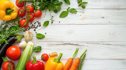 Wall Mural - Fresh vegetables displayed on a white wooden background for menu or recipe mockup