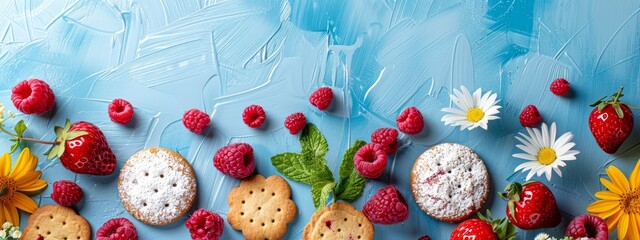 Wall Mural -  A group of cookies on a blue background with raspberries, strawberries, and daisies