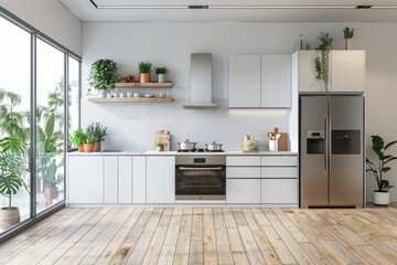 Wall Mural - A kitchen with a large window and a refrigerator