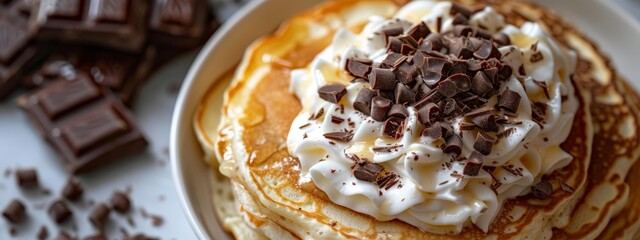 Wall Mural -  A stack of pancakes topped with whipped cream and chocolate chips Nearby, a plate of chocolate chips and a steaming cup of coffee