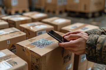 A person is using a smartphone to scan the QR code on a parcel in a warehouse filled with boxes.