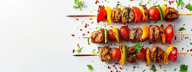 Wall Mural -  A white table is topped with kebabs, each skewer holding alternating slices of meat and vegetables