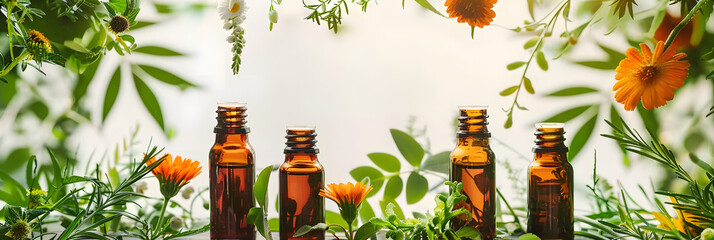 Wall Mural - Bottles with essential oils on a background of flowers and leaves. Selective focus.