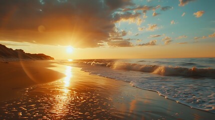 Beautiful sunrise on the beach with sea pebbles. Nature background