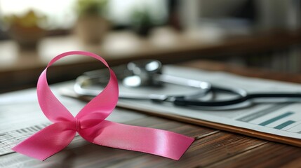 Pink Ribbon on a Clipboard with Documents and Stethoscope on Wooden Desk