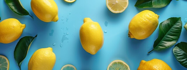 Wall Mural -  A collection of lemons and limes on a blue backdrop, accompanied by their leaves and water droplets