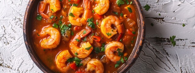 Wall Mural -  A tight shot of a sizzling pan filled with shrimp, tomatoes, and aromatic sauce Topped with a sprinkle of fresh parsley