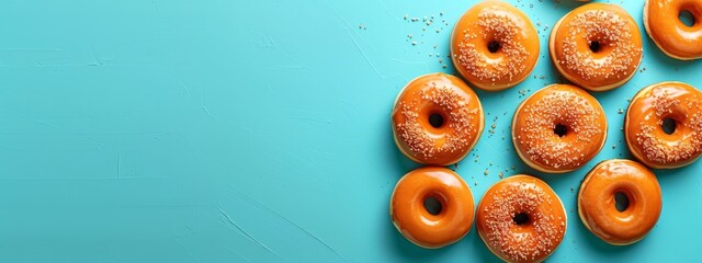 Wall Mural -  A blue backdrop holds a collection of glazed doughnuts, each adorned with colorful sprinkles