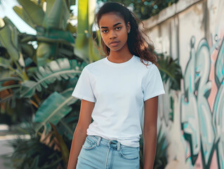 Wall Mural - Young woman in white Shirt Mockup for Shirt Design, generated ai