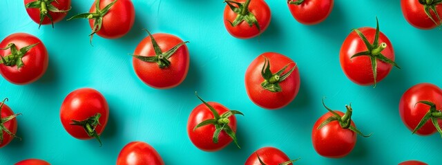 A collection of red tomatoes atop a blue backdrop Green stems frame the bottom of each tomato