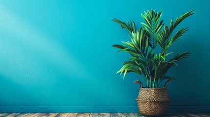 Wall Mural - background plant tropical on pot put on wall color blue