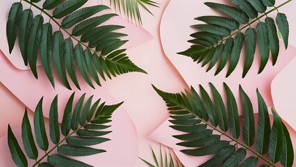 Summer composition tropical fern leaves on pastel pink background summer concept flat lay top view