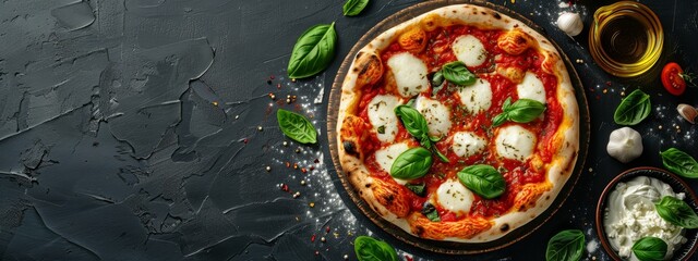 Wall Mural -  A pizza with Mozzarella and spinach leaves on a black surface Nearby, a bowl of marinara sauce and an olive oil bottle wait