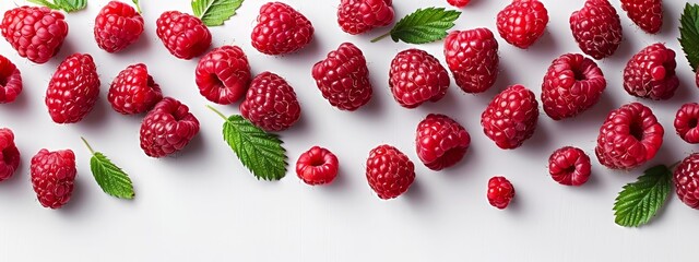 Wall Mural -  A collection of raspberries on a white background, topped with their green leaves