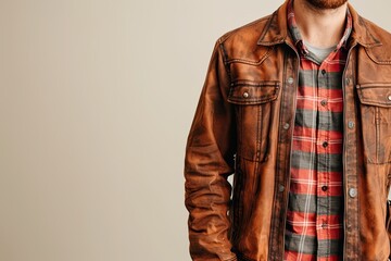 Man wearing a brown leather jacket and red plaid shirt, minimal background, casual fashion and streetwear concept.