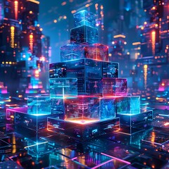 A large stack of cubes in the center, with vibrant neon colors and glowing edges. The background is dark blue with subtle lights creating an atmosphere reminiscent of cyberpunk or futuristic cities