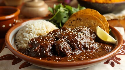 A close-up of a plate of mole poblano, showcasing chicken smothered in a rich, dark mole sauce, sprinkled with sesame seeds. The dish is served with rice and warm tortillas, set on a beautifully