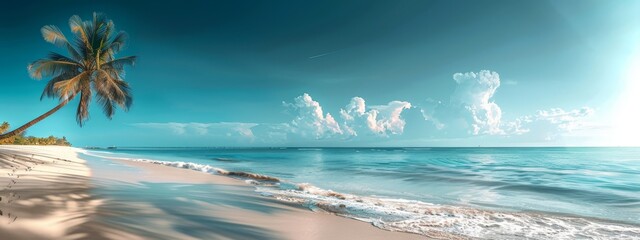  A palm tree atop a sandy beach, facing the vast ocean, against a backdrop of a clear blue sky
