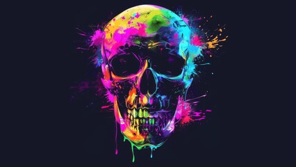 Wall Mural - Colorful skull, vector design, neon colors, black background, colorful splashes, graffiti style, vector art, t-shirt print designs