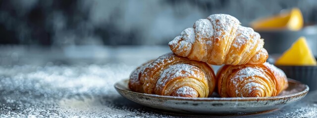 Wall Mural -  A bowl overflowing with powdered sugar-dusted croissants rests beside an orange zest-infused cup