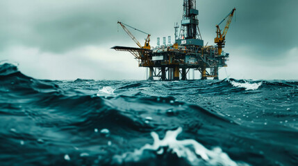 Wall Mural - A large oil and gas production platform stands tall in the choppy waters of the ocean, under a stormy sky