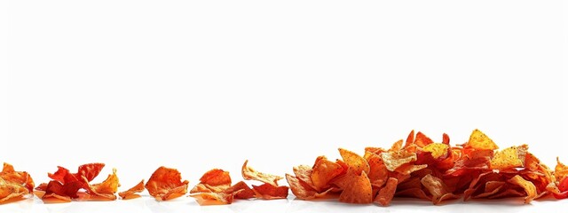 Wall Mural -  A stack of orange chips atop a pristine white table, accompanied by piles of red and yellow chips nearby