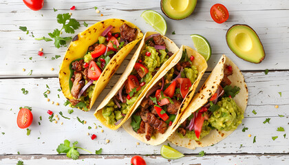 Wall Mural - Delicious tacos with guacamole, meat and vegetables on white wooden table, flat lay