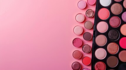 Wall Mural - Vivid eyeshadow palette on pink background with copy space