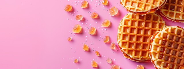 Wall Mural -  A cluster of waffles against a pink backdrop, adorned with water droplets atop ..Or,..Waffles