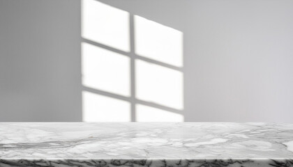 Wall Mural - Marble table with window shadow drop on white wall background for mockup product display