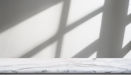 Wall Mural - Marble table with window shadow drop on white wall background for mockup product display