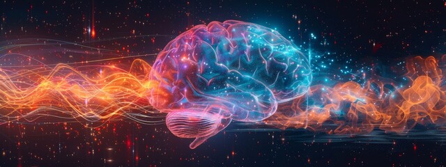 Wall Mural -  A computer-generated rendering of a human brain with radiant lines and luminescent points emanating from it