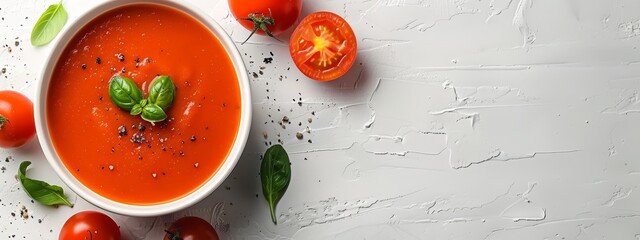 Wall Mural -  A bowl of tomato soup, garnished with fresh basil, tomatoes, and a few basil leaves atop