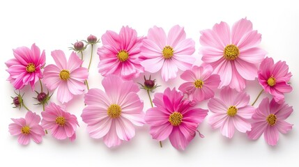 Poster - Pink cosmos flowers arranged beautifully on white background viewed from above with empty space around