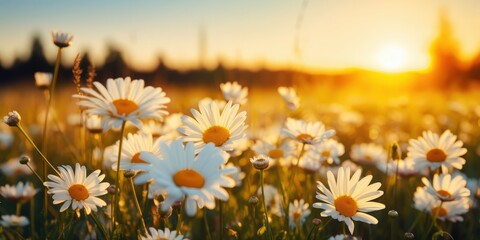 Wall Mural - Sunlit Daisies Field at Sunset