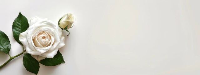 Wall Mural -  White rose with green leaves against a pristine white backdrop Inscribe text or add a name here