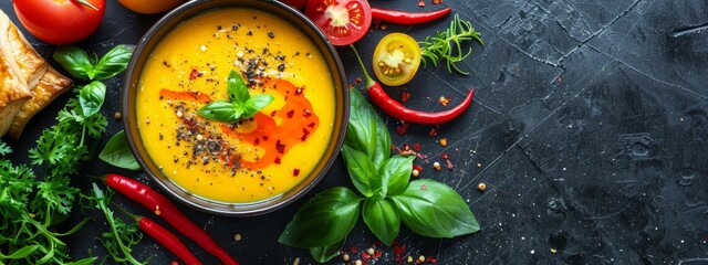 Wall Mural -  A tight shot of a bowled soup on a table, garnished with tomatoes, peppers, basil, bread rolls, and breadcrumbs