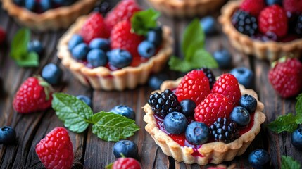 Wall Mural - Assorted berry tartlets on wooden background Rich in vitamins a healthy treat