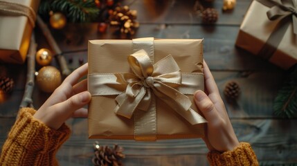 Poster - Hold gift box wrapped in craft paper with satin ribbon in girl s hands during holiday season