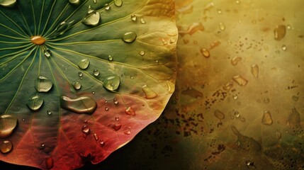 Wall Mural - Lotus leaf color changes with water drops on vintage backdrop